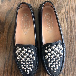 Tod's Black Leather Embellished Driving Slip On Gommino Loafers